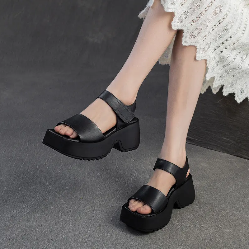 Women Retro Plain Leather Chunky Platform Sandals online
