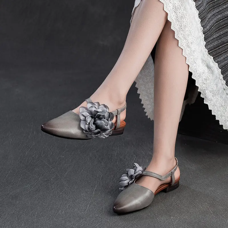 Women Retro Plain Leather Flower Pointed Toe Casual Sandals online