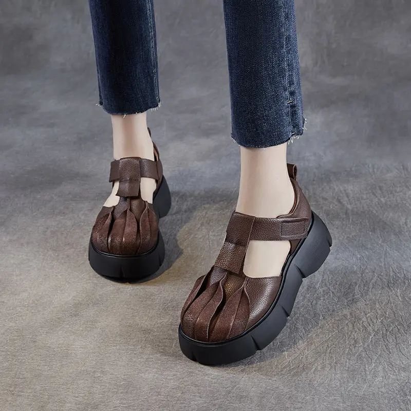 Women Retro Plain Leather Platform Velcro Tape Sandals online