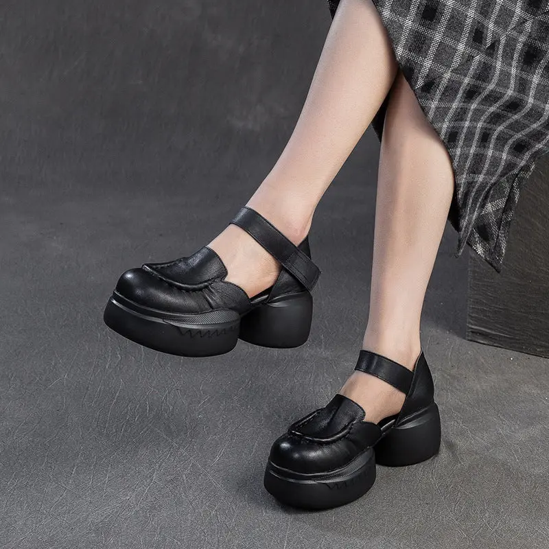 Women Retro Plain Leather Round Head Chunky Platform Sandals online