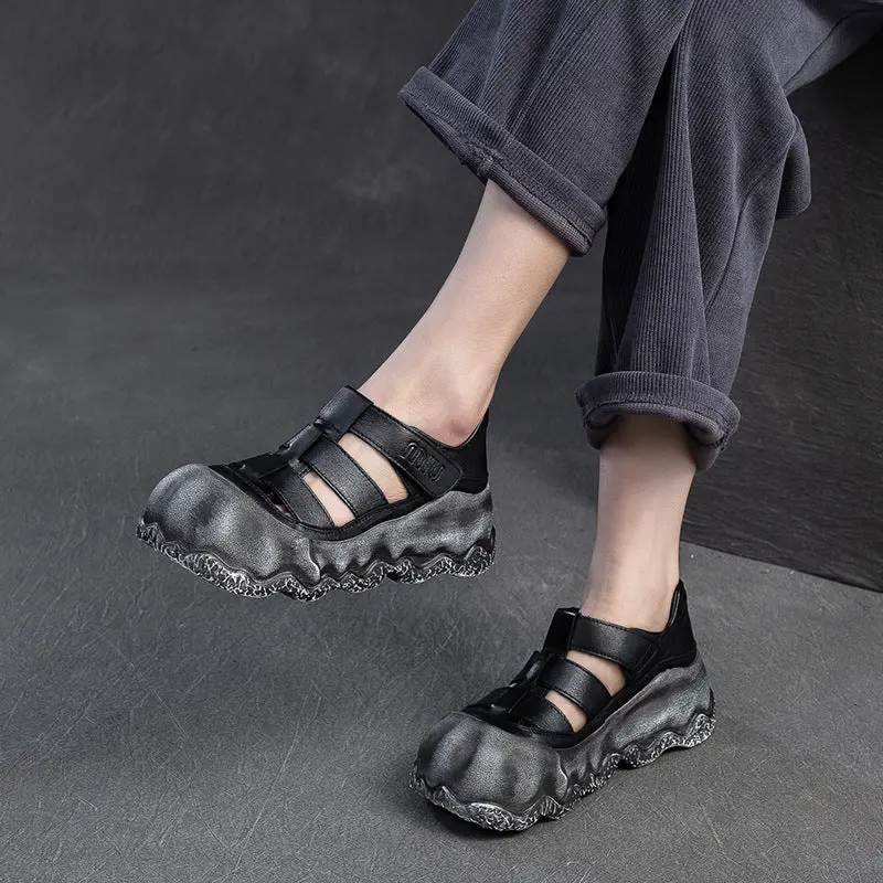 Women Vintage Hollow Leather Thick Soled Casual Sandals online