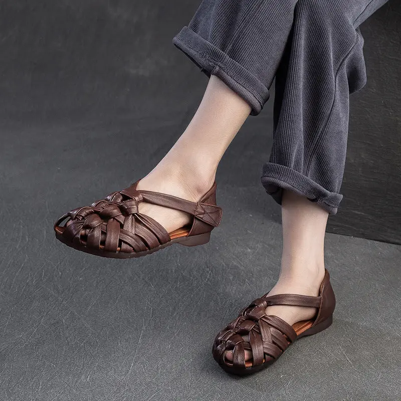 Women Vintage Plaited Leather Velcro Flat Sandals online