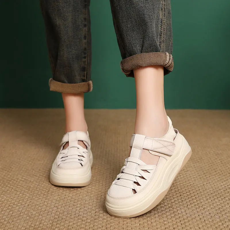 Women's Casual Plaited Leather Round Head Velcro Sandals online