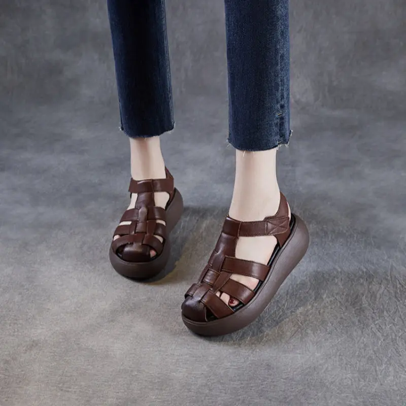 Women's Retro Plain Leather Casual Platform Sandals online
