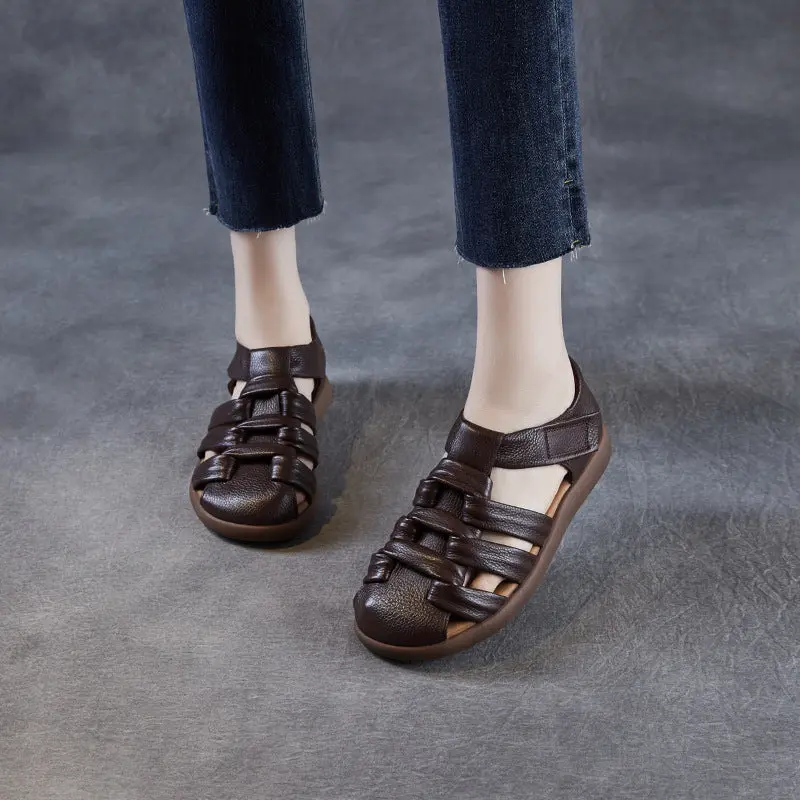 Women's Retro Plain Leather Round Head Velcro Sandals online